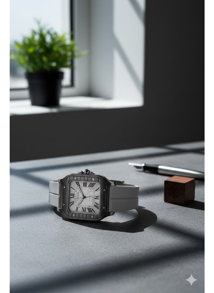 كارتييه ساعة يد رجالي فاخرة بتصميم مربع – سوار سيليكون رمادي مع قرص فضي وأرقام رومانية - Image 4